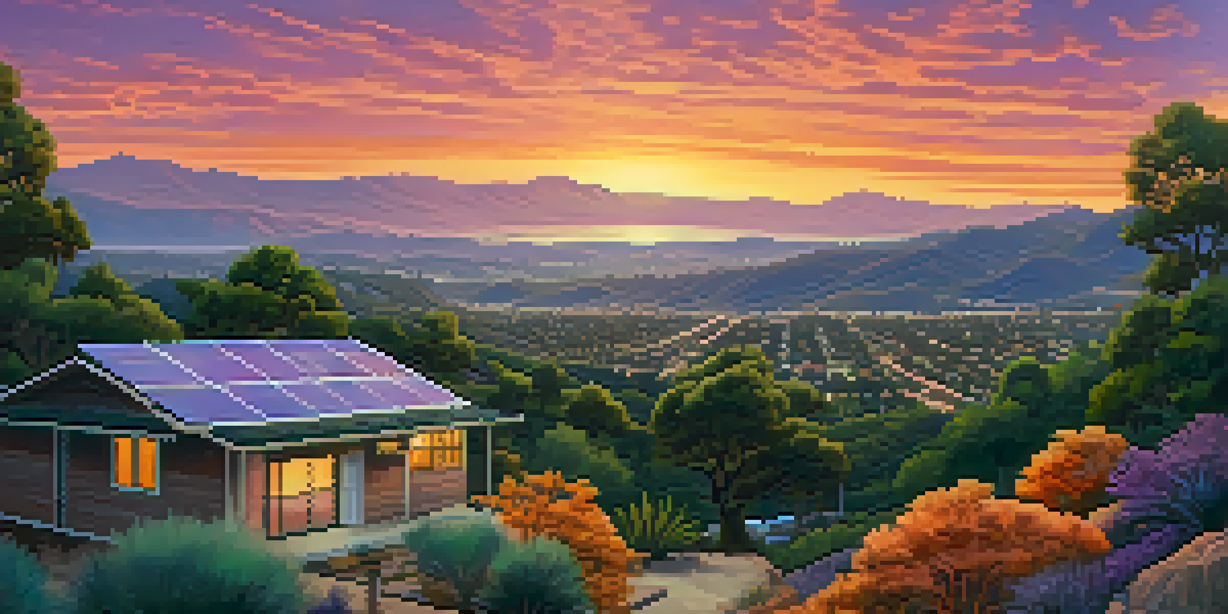 A California landscape at sunset with mountains, green vegetation, and areas affected by wildfires, along with a small community featuring solar panels.