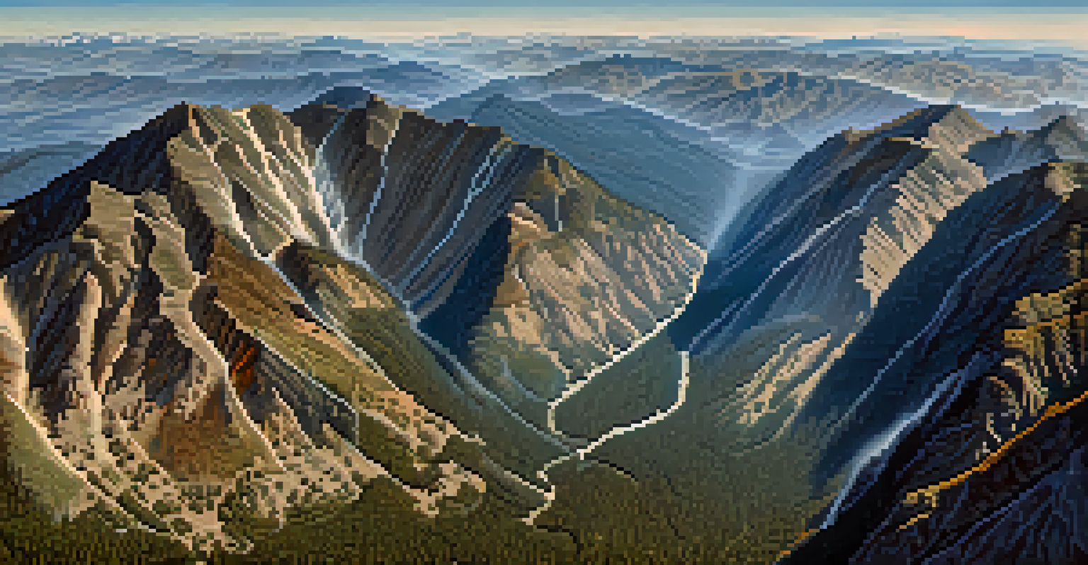 An aerial perspective of the Sierra Nevada mountains showcasing forested slopes and areas affected by wildfires.