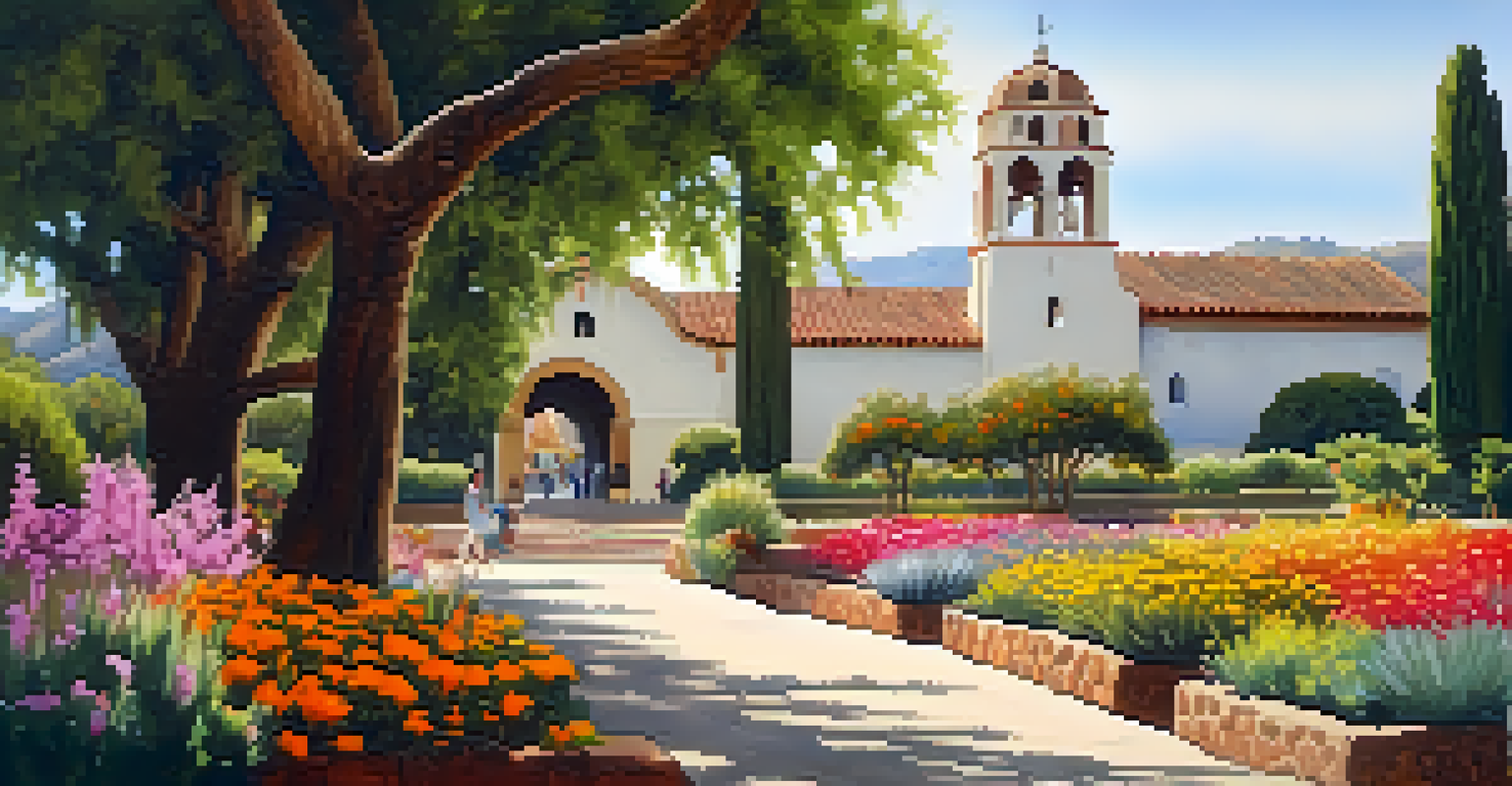 A peaceful view of Mission San Luis Obispo de Tolosa with beautiful gardens and visitors walking along shaded paths.