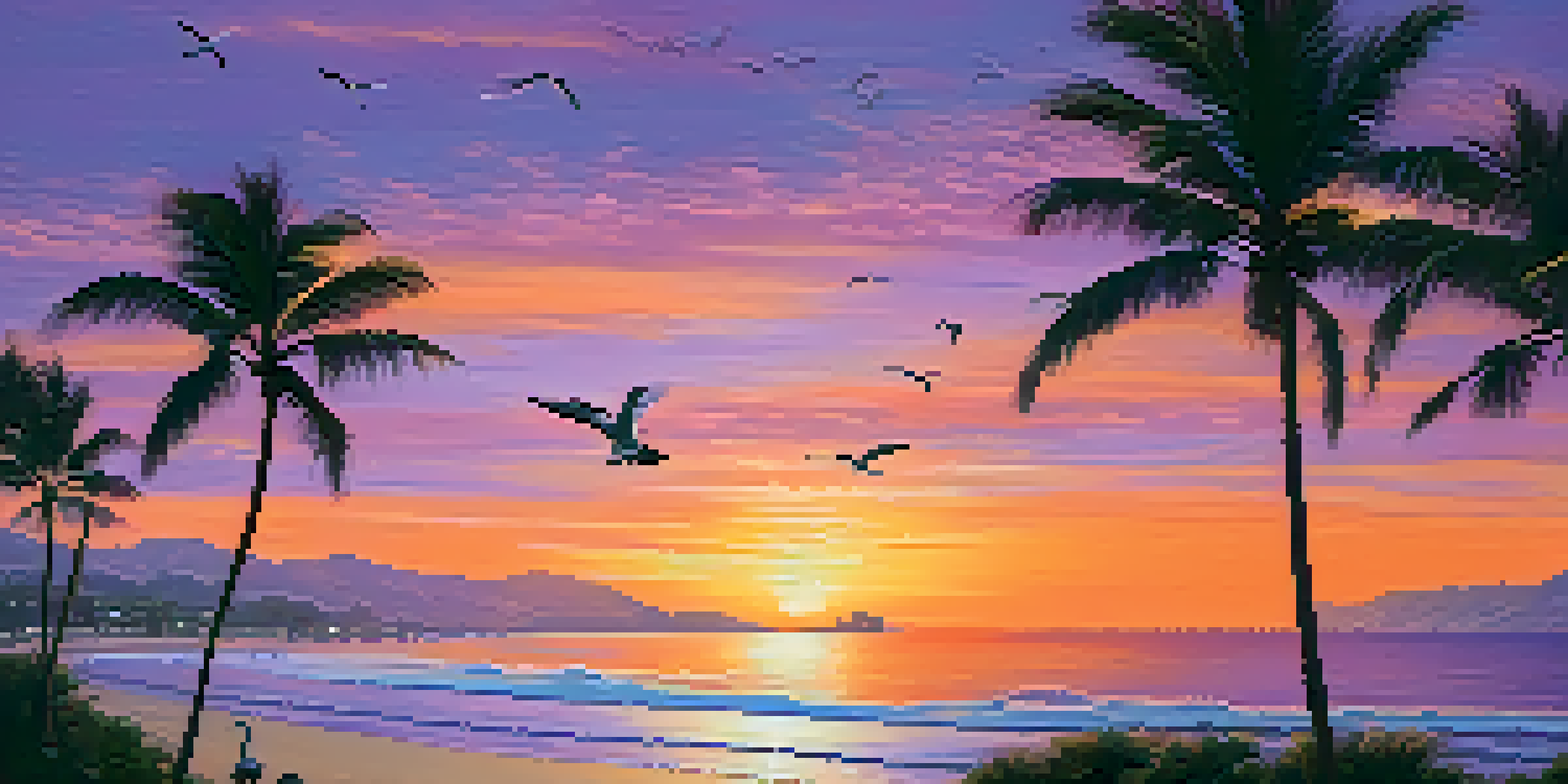 A sunset over the Pacific Ocean with palm trees and a tranquil beach.
