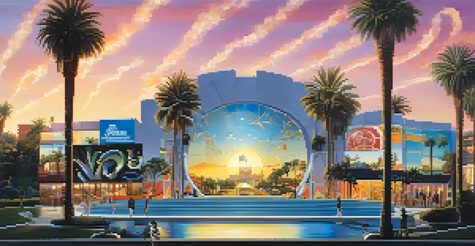 A creative depiction of California's music industry featuring major record labels and musical notes with palm trees.