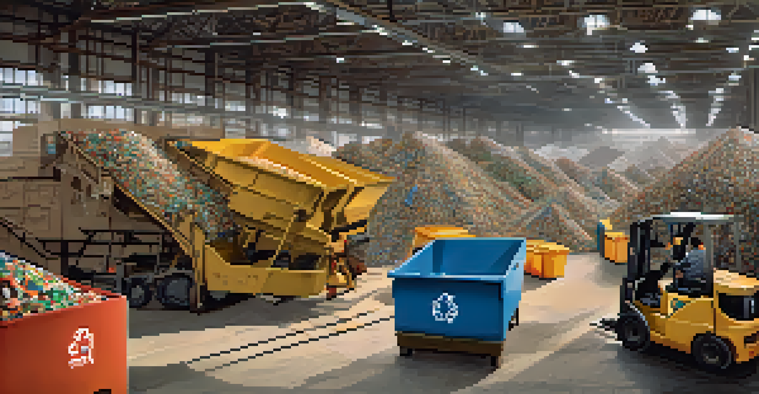 A recycling facility in California with workers sorting materials and colorful recycling bins.