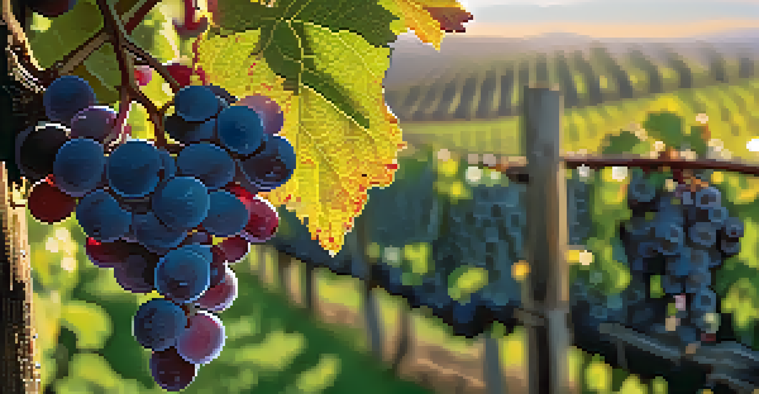 Close-up of ripe Pinot Noir grapes on the vine with dew, set against a blurred vineyard background.