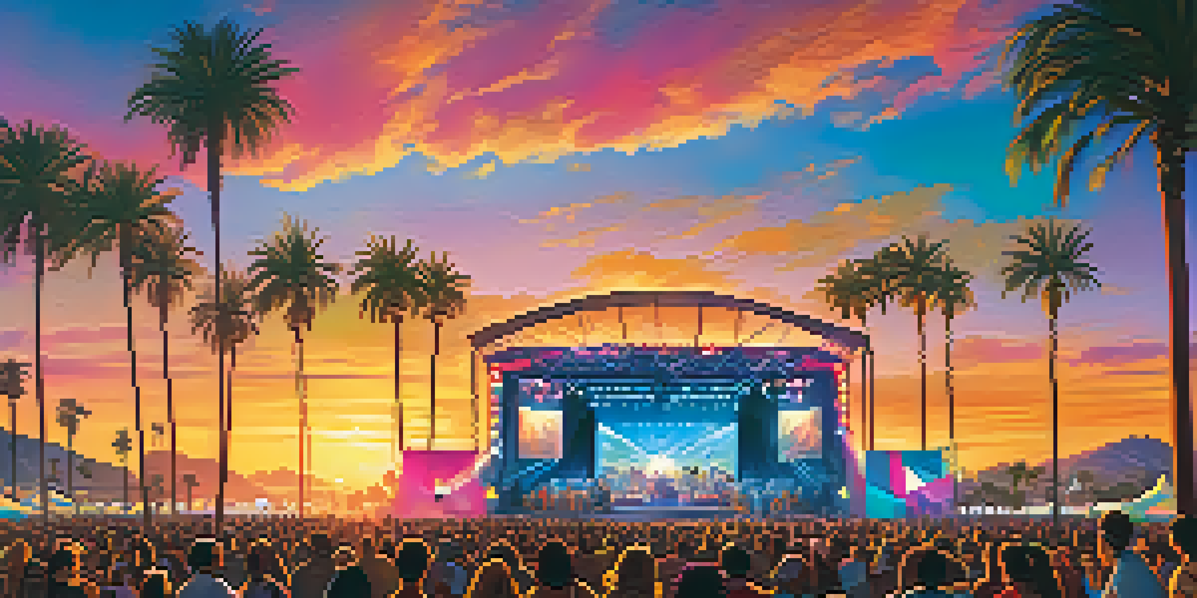 A lively outdoor music festival with a diverse crowd enjoying performances under a colorful sunset, featuring palm trees and vibrant stage lights.