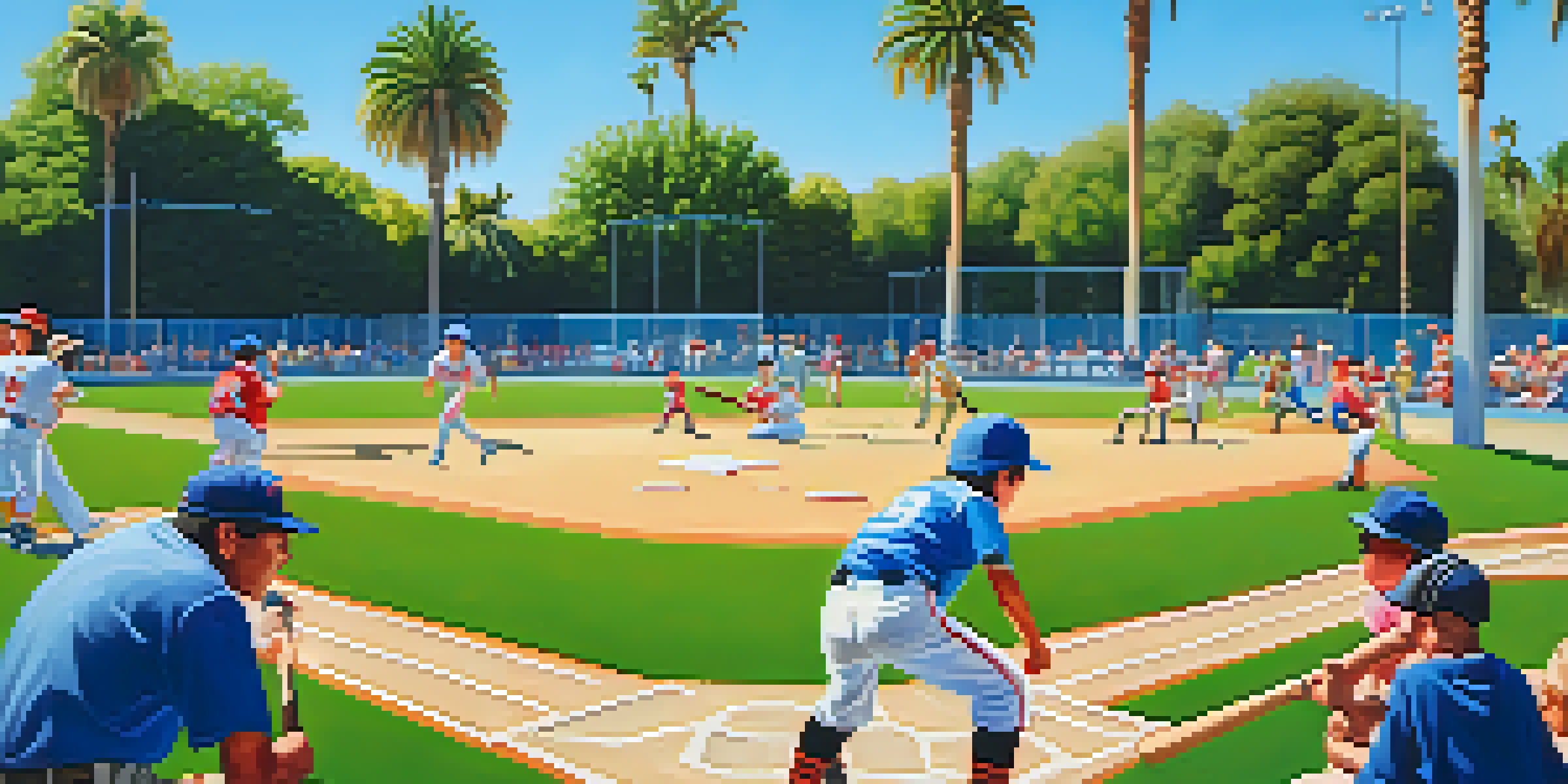 A youth baseball game taking place in a California park, showcasing young players in colorful jerseys and cheering spectators.