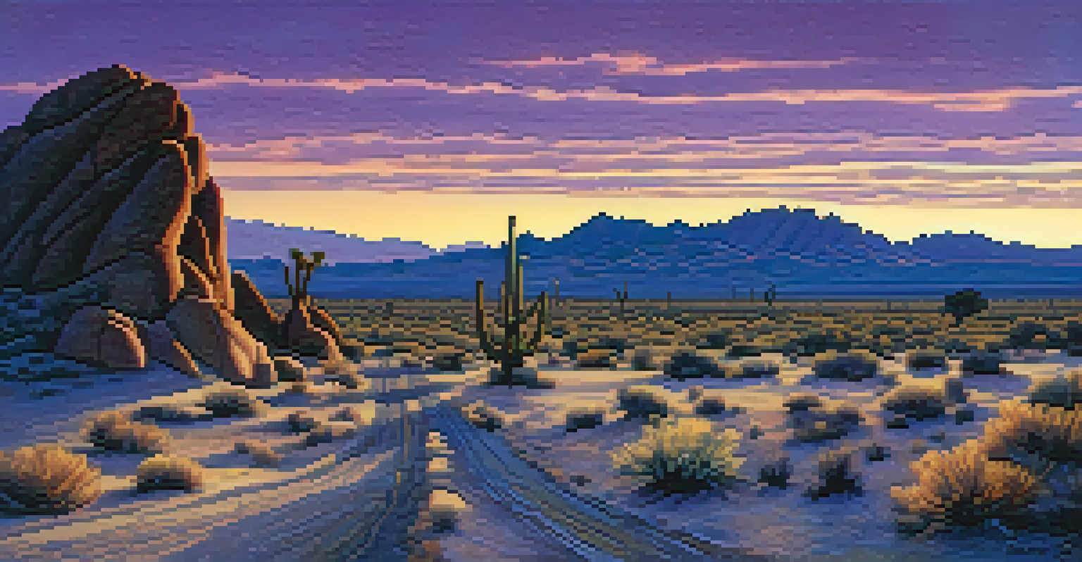 A stunning twilight view of the Mojave Desert with unique rock formations and desert plants, featuring a winding stretch of Route 66.