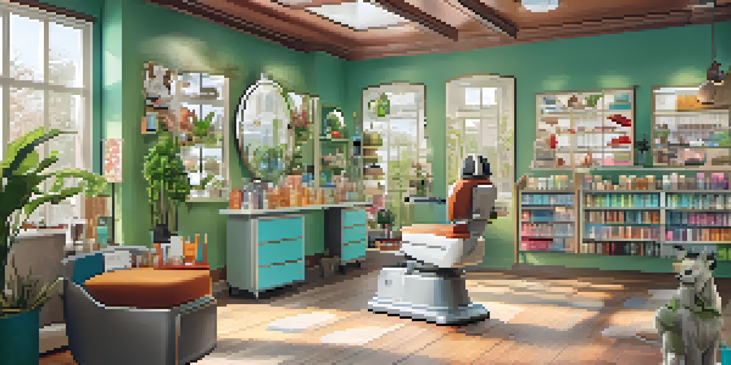 A lively pet grooming salon with dogs and cats being groomed, colorful accessories, and plants, bathed in soft natural light.