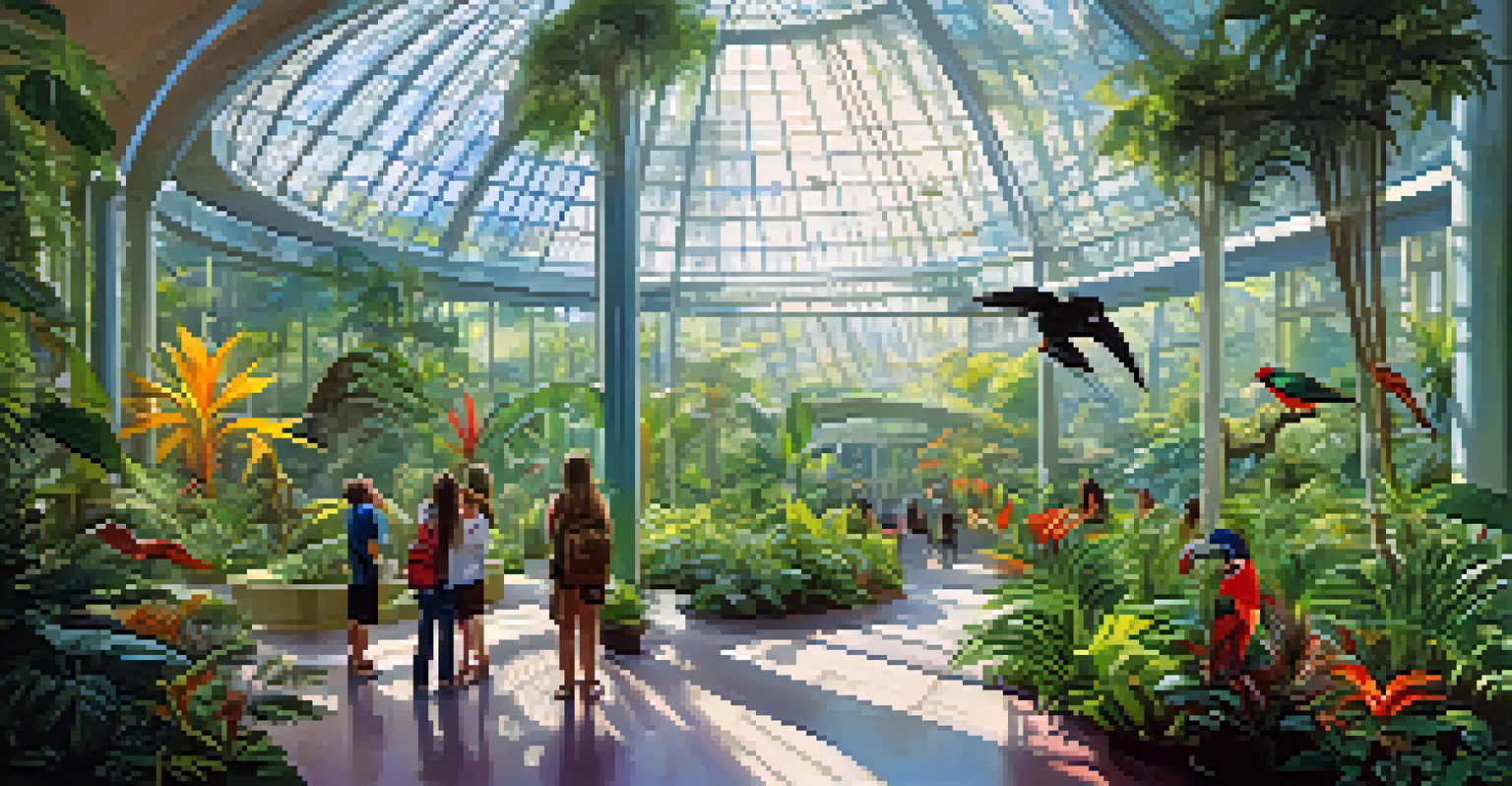 Inside the California Academy of Sciences, featuring the rainforest dome with exotic plants and birds.