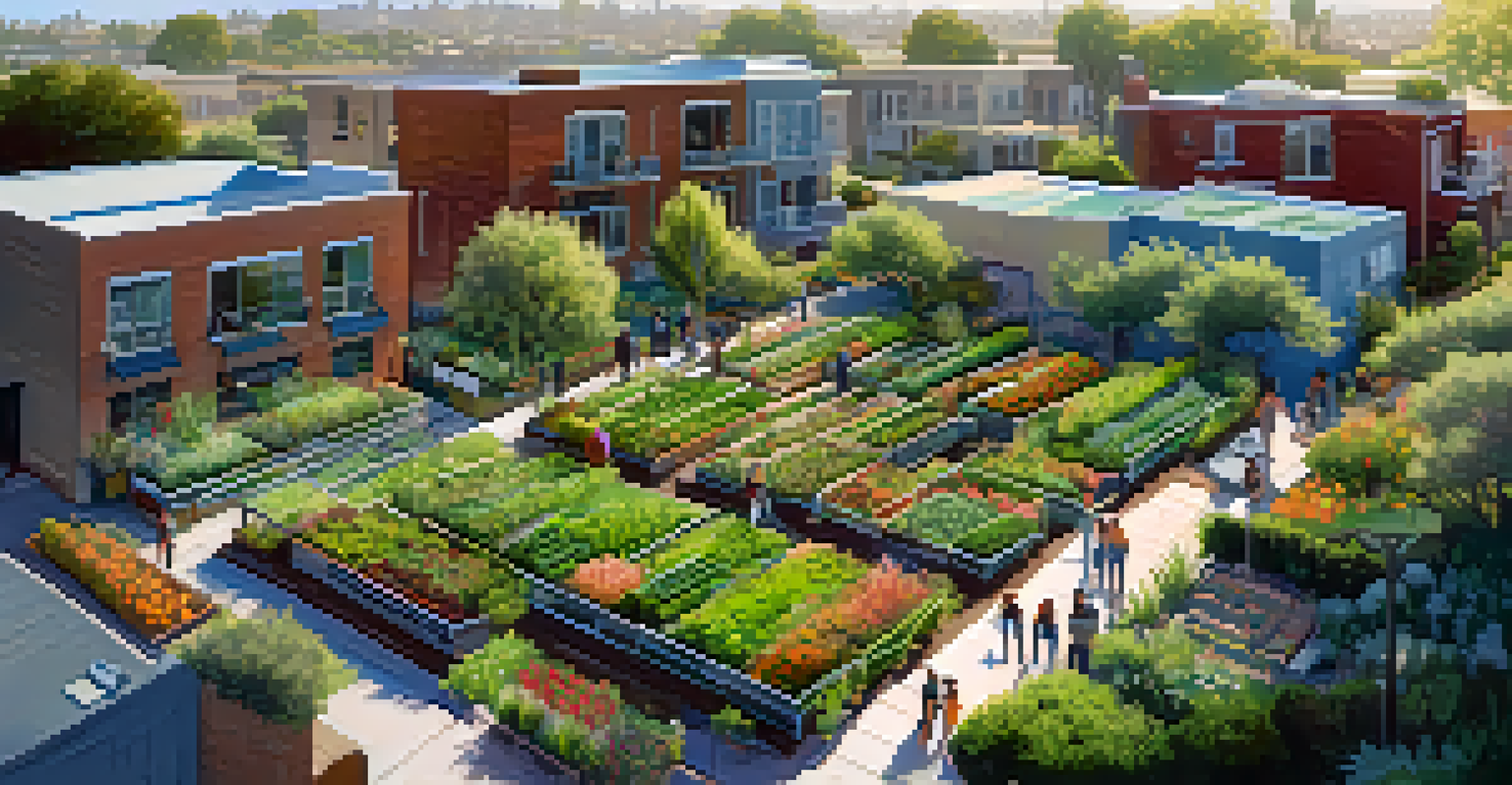 An aerial view of a community garden in an urban California neighborhood with people working among plants and sustainable buildings in the background.