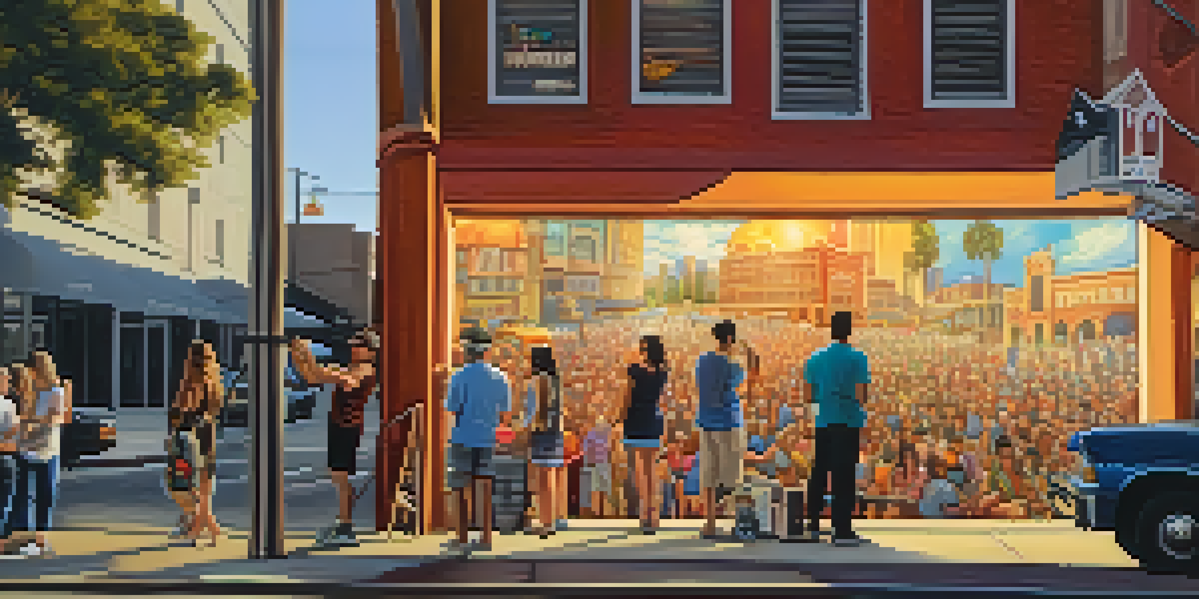 A lively street scene in downtown Los Angeles filled with colorful street art and people interacting with the art during an art walk.