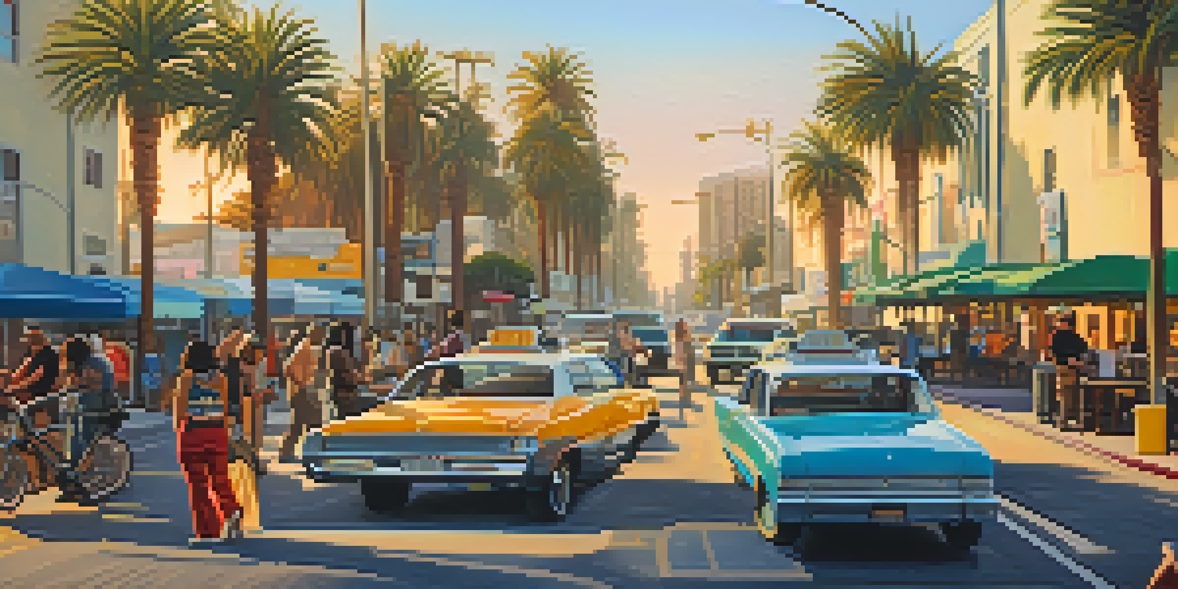 A lively California street with gig workers, including a rideshare driver and a graphic designer, surrounded by palm trees and colorful murals in warm golden hour light.