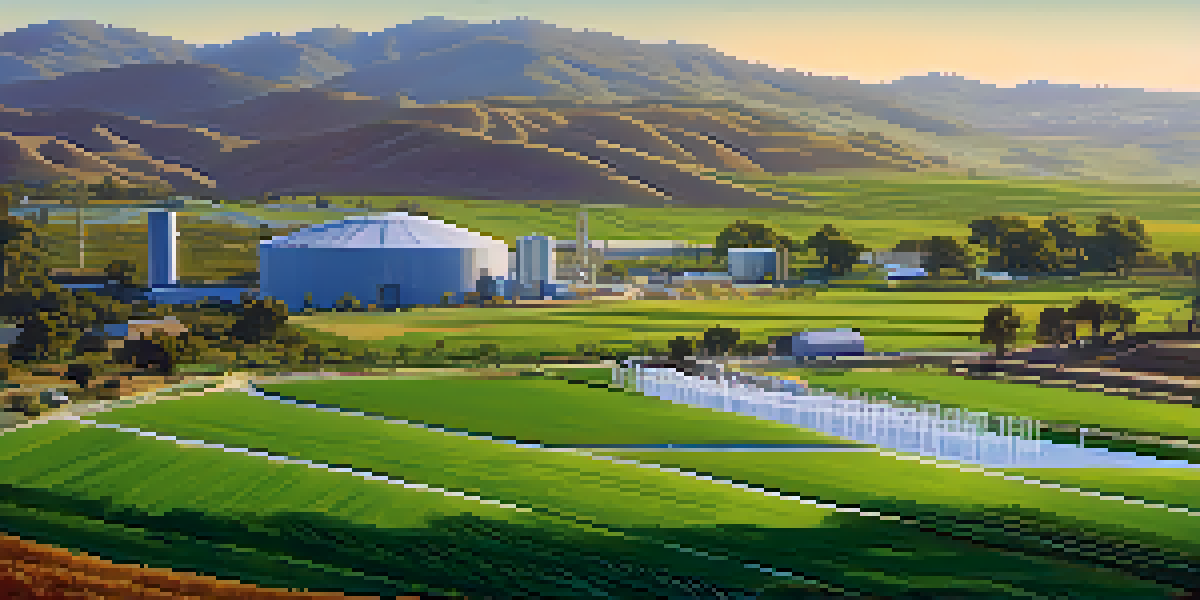 A scenic view of California featuring a farmer using drip irrigation in a green field with a modern water recycling facility in the background under a clear blue sky.