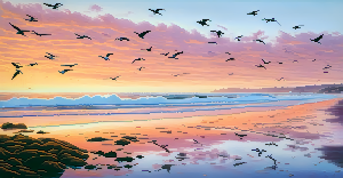 A beautiful panoramic view of California's coastline at sunrise with a beach, kelp forests, and migratory birds in the sky.