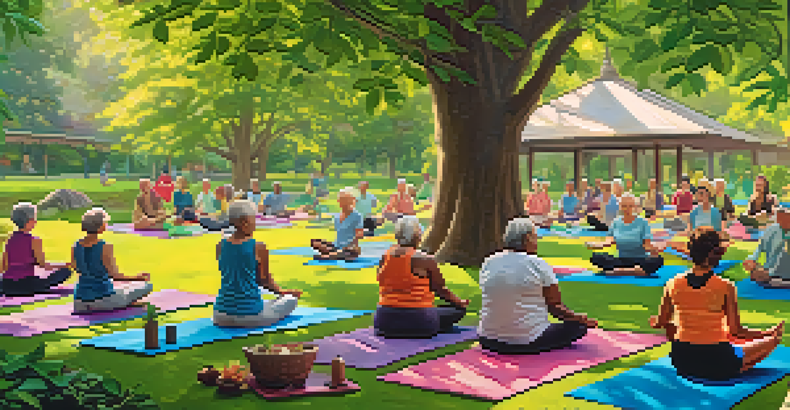 Older adults practicing yoga in a park with a young instructor, surrounded by nature and colorful mats.