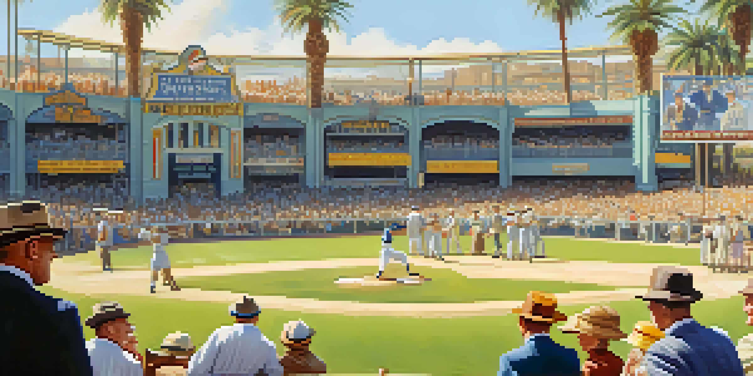 A lively 1920s baseball game in California with fans in vintage clothing, palm trees in the background, and a sunny atmosphere.