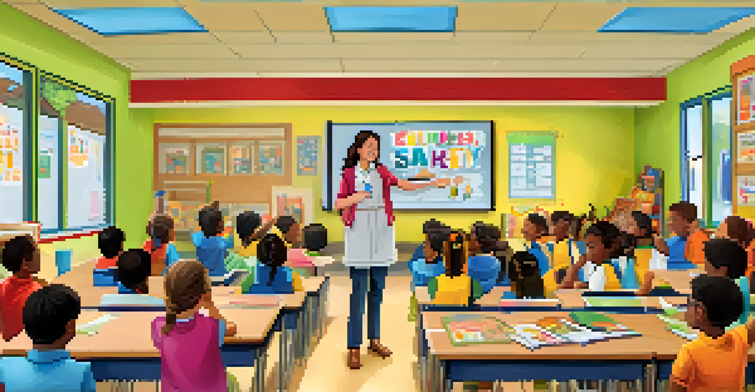 Children in a classroom learning about fire safety from a teacher, surrounded by colorful educational materials and engaged discussions.