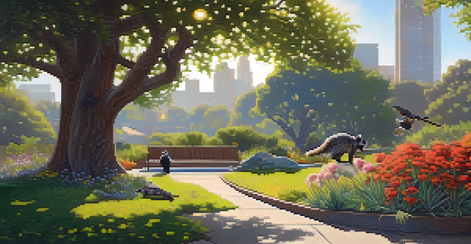 A raccoon foraging near a trash bin in an urban park, with a peregrine falcon perched on a tree branch and colorful flowers in the foreground.