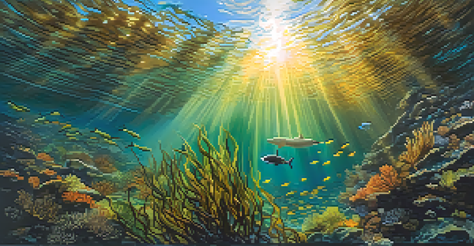 An underwater kelp forest filled with tall kelp, colorful fish, and sea otters, illuminated by sunlight filtering through the water.