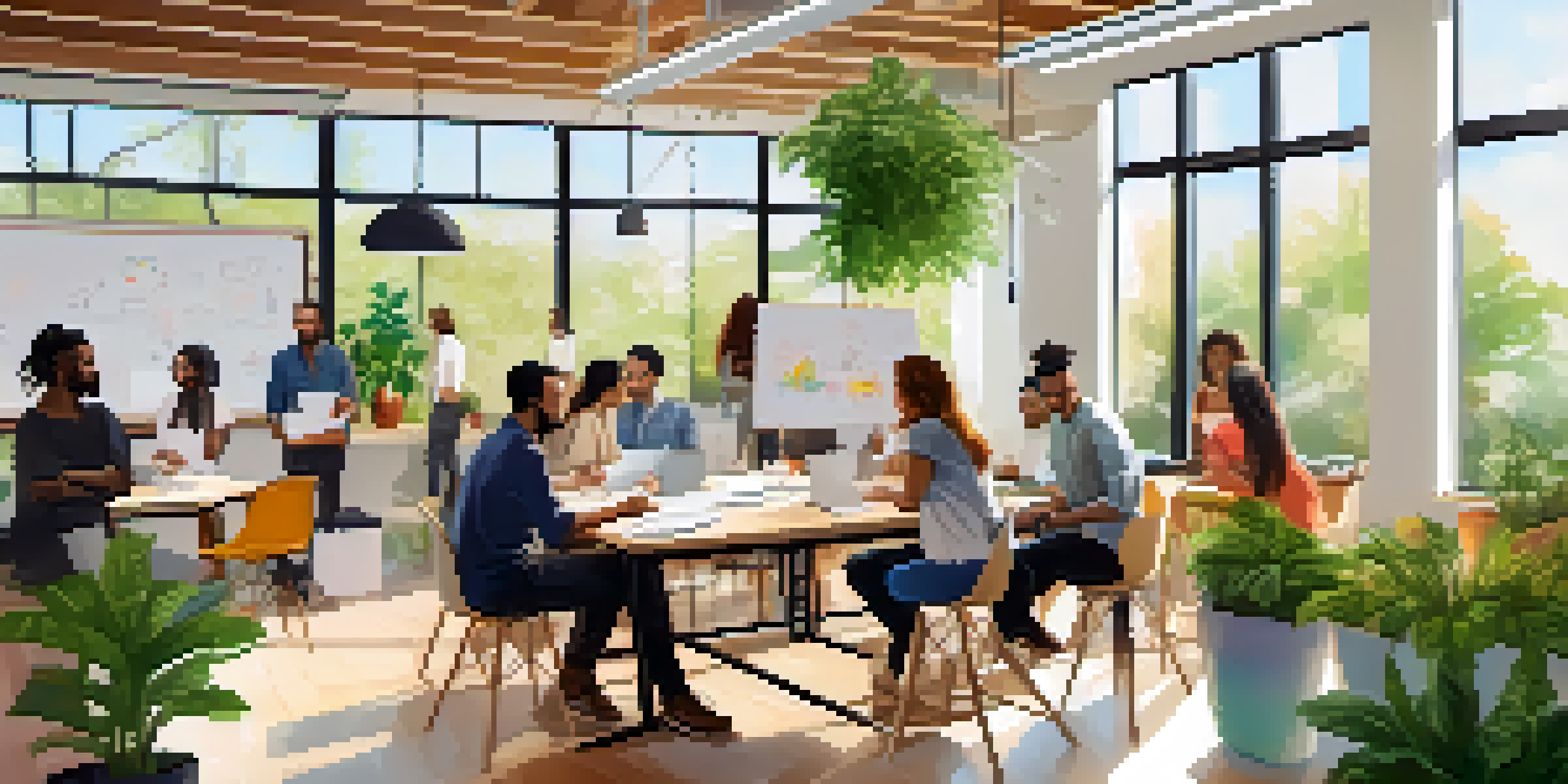 A colorful and modern startup incubator with diverse entrepreneurs brainstorming ideas around a central table, filled with sketches and notes.