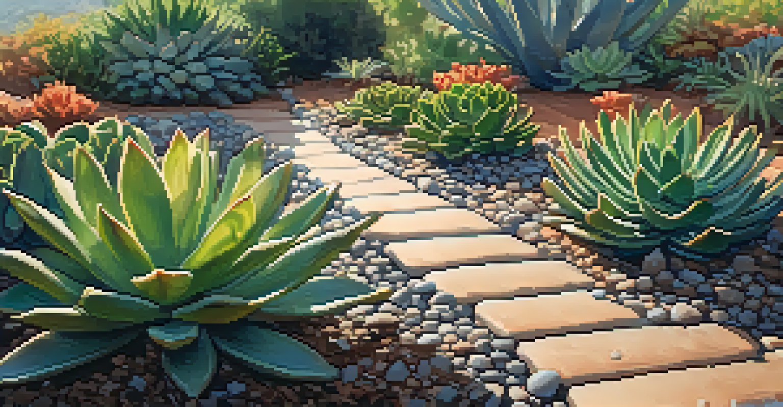A close-up of a drip irrigation system watering drought-resistant plants.