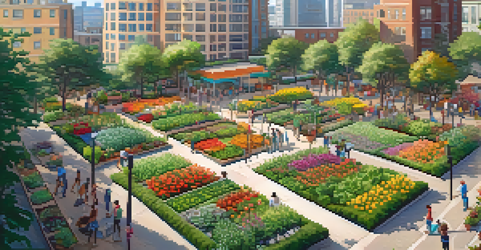 An aerial view of a community garden in an urban area, with colorful plants and people working in a sunny environment surrounded by buildings.