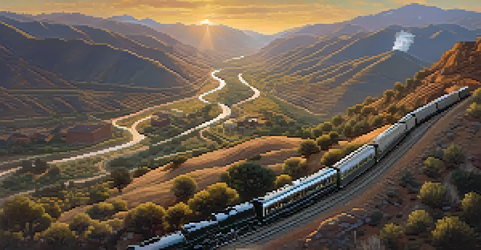 An aerial view of a railroad winding through California's landscape, with a steam locomotive and freight cars, surrounded by mountains and valleys at sunset.
