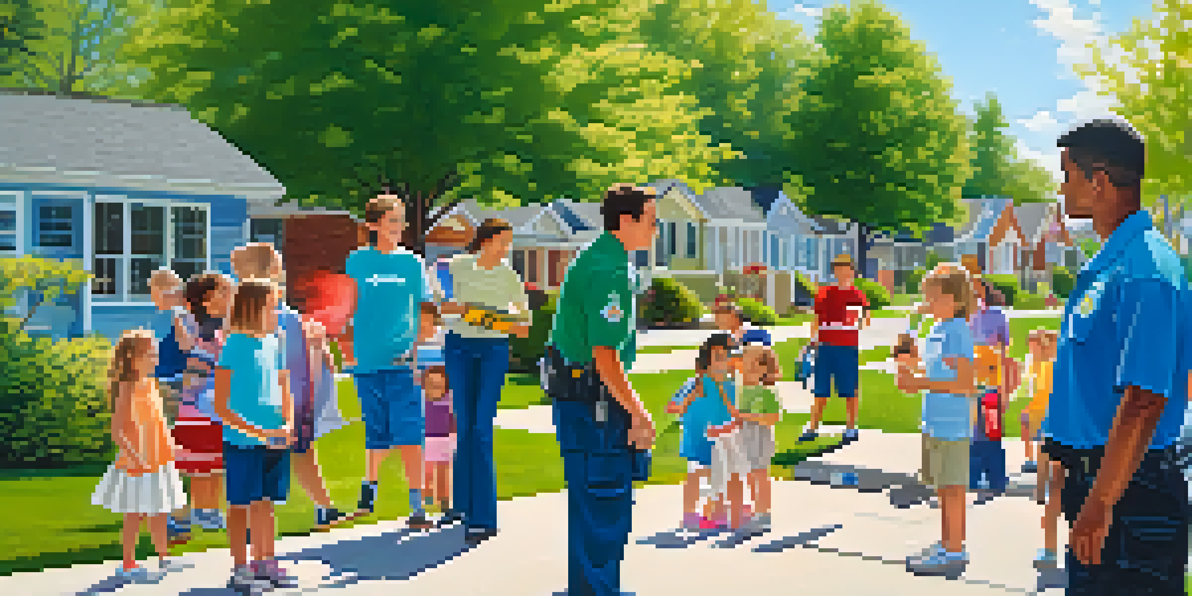 A community emergency preparedness drill with families practicing evacuation procedures in a suburban neighborhood on a sunny day.