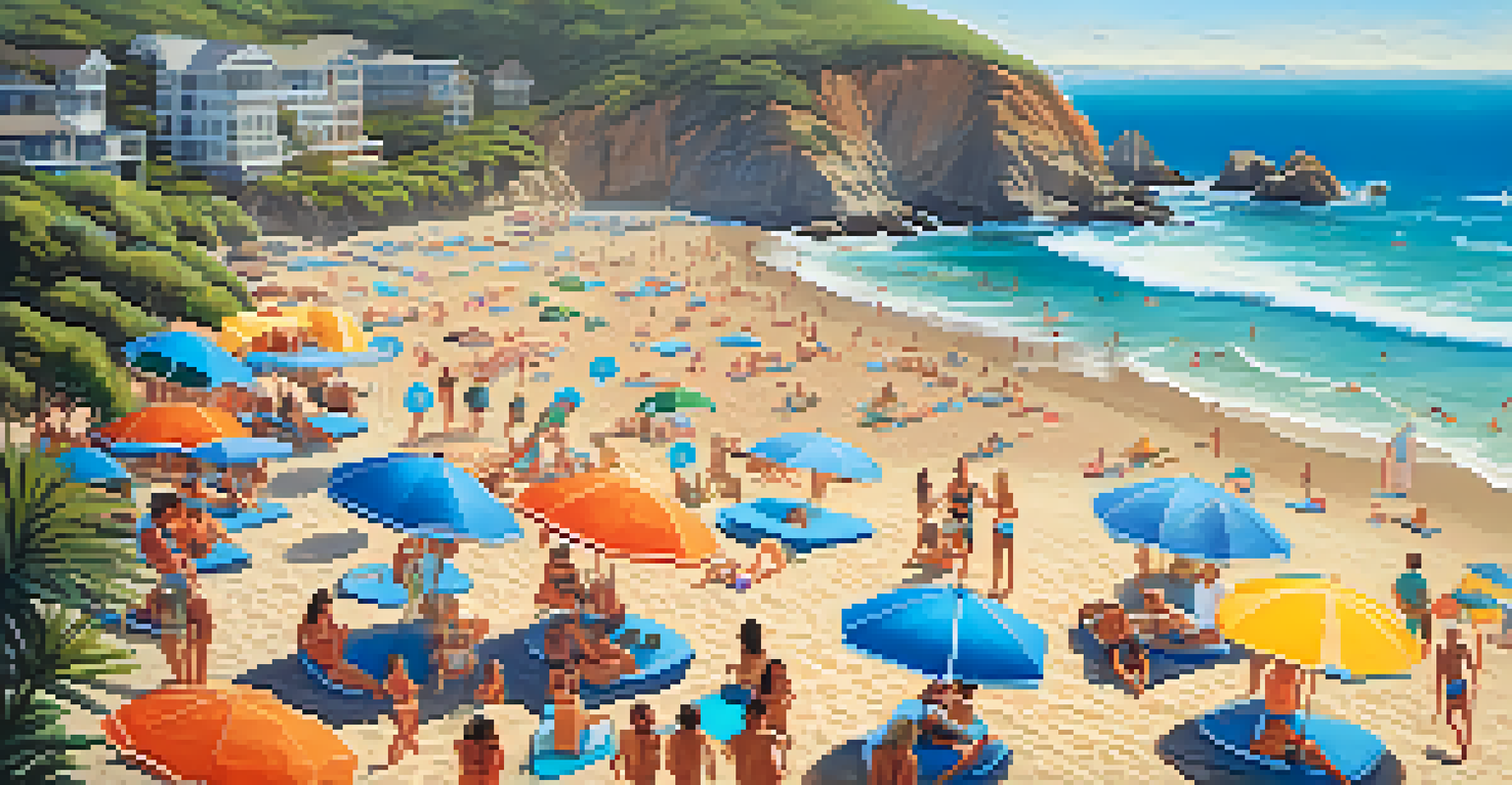 Aerial view of a lively California beach filled with umbrellas and people enjoying various activities.