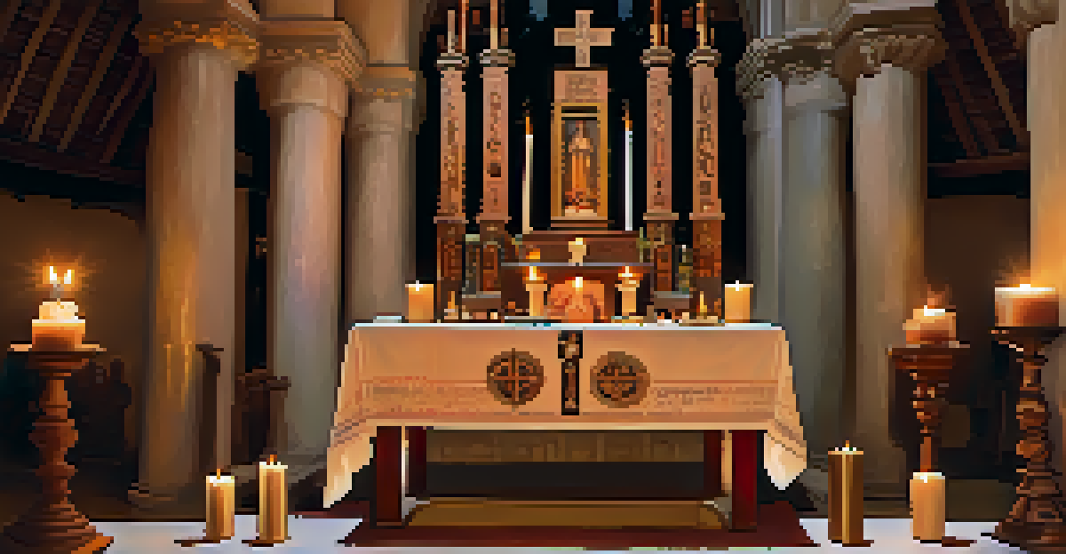 A detailed view of an altar in a California mission, showcasing a blend of Catholic and Indigenous elements under soft lighting.