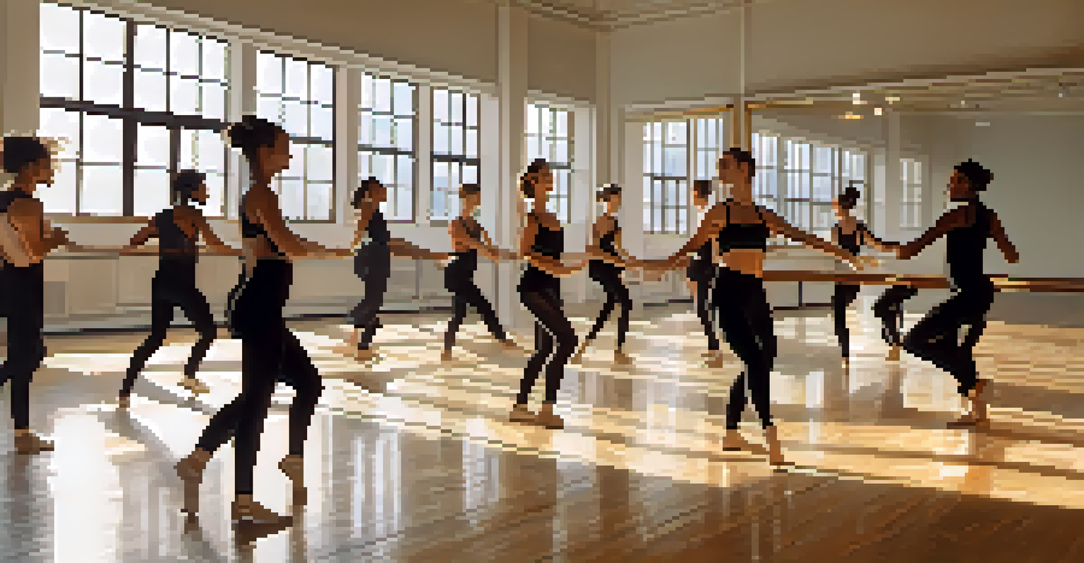 Dancers rehearsing in a sunlit studio with mirrors and wooden floors, showcasing dynamic movements in a contemporary dance piece.