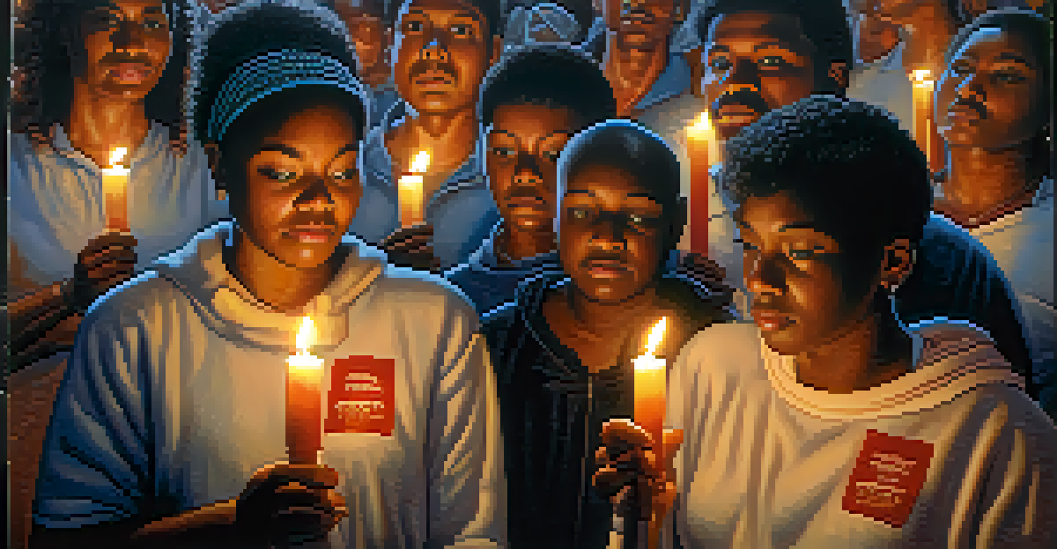 A poignant image of activists holding candles during a vigil for HIV/AIDS awareness, illuminated by soft candlelight, with floral tributes and a banner in the background.