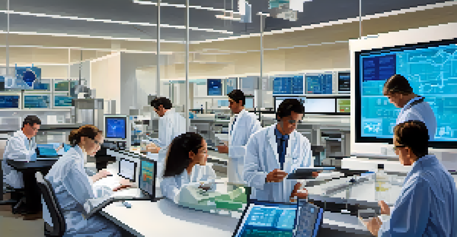 A healthcare professional examining data on a tablet in a modern laboratory, with diverse researchers collaborating in the background, showcasing California's healthcare innovation.