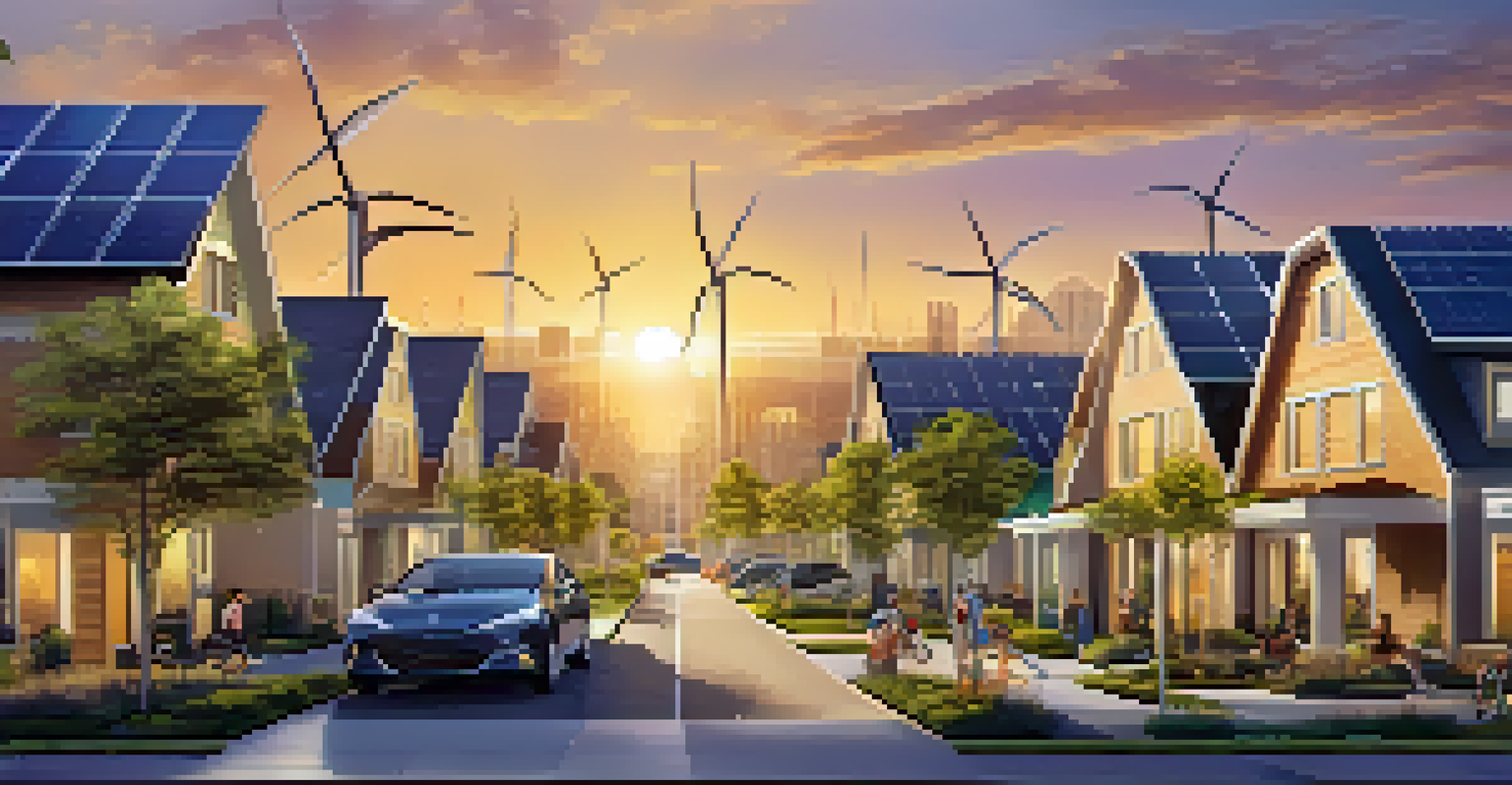 A modern neighborhood with solar panels, electric vehicles, and wind turbines in an urban setting during sunset.