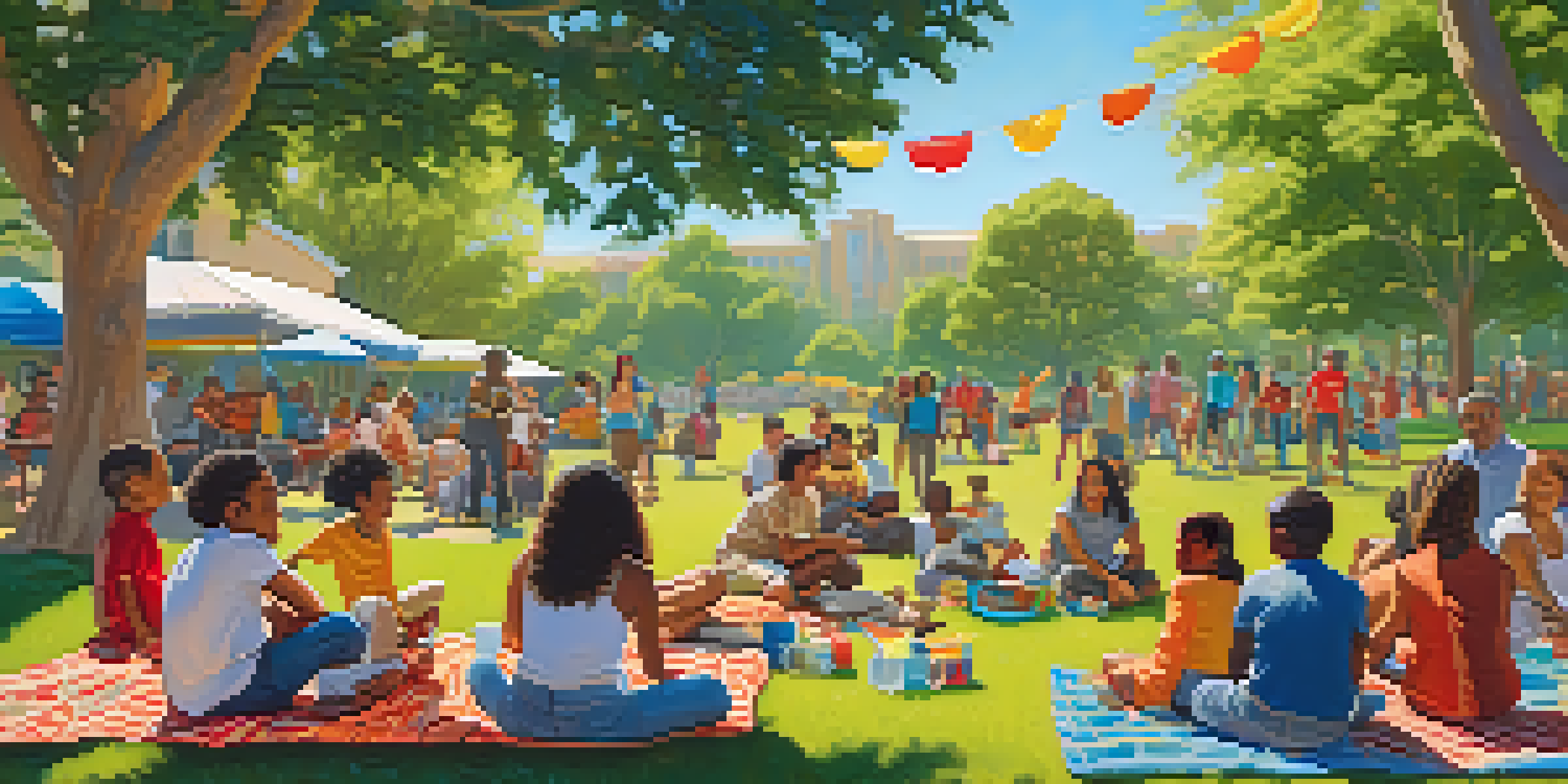 A diverse group of people enjoying a sunny day in a California park, with families picnicking and children playing.