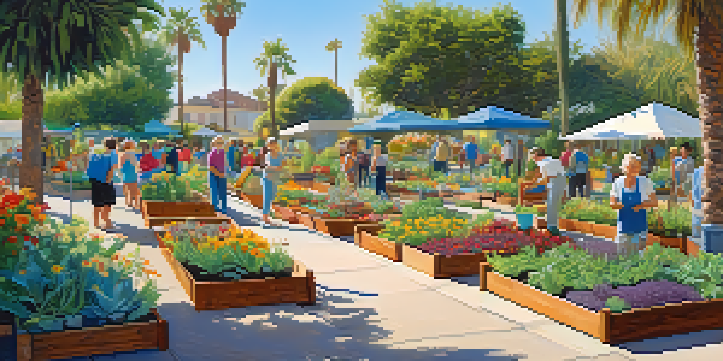 A colorful community garden in California with people gardening under a blue sky, surrounded by various plants and palm trees.