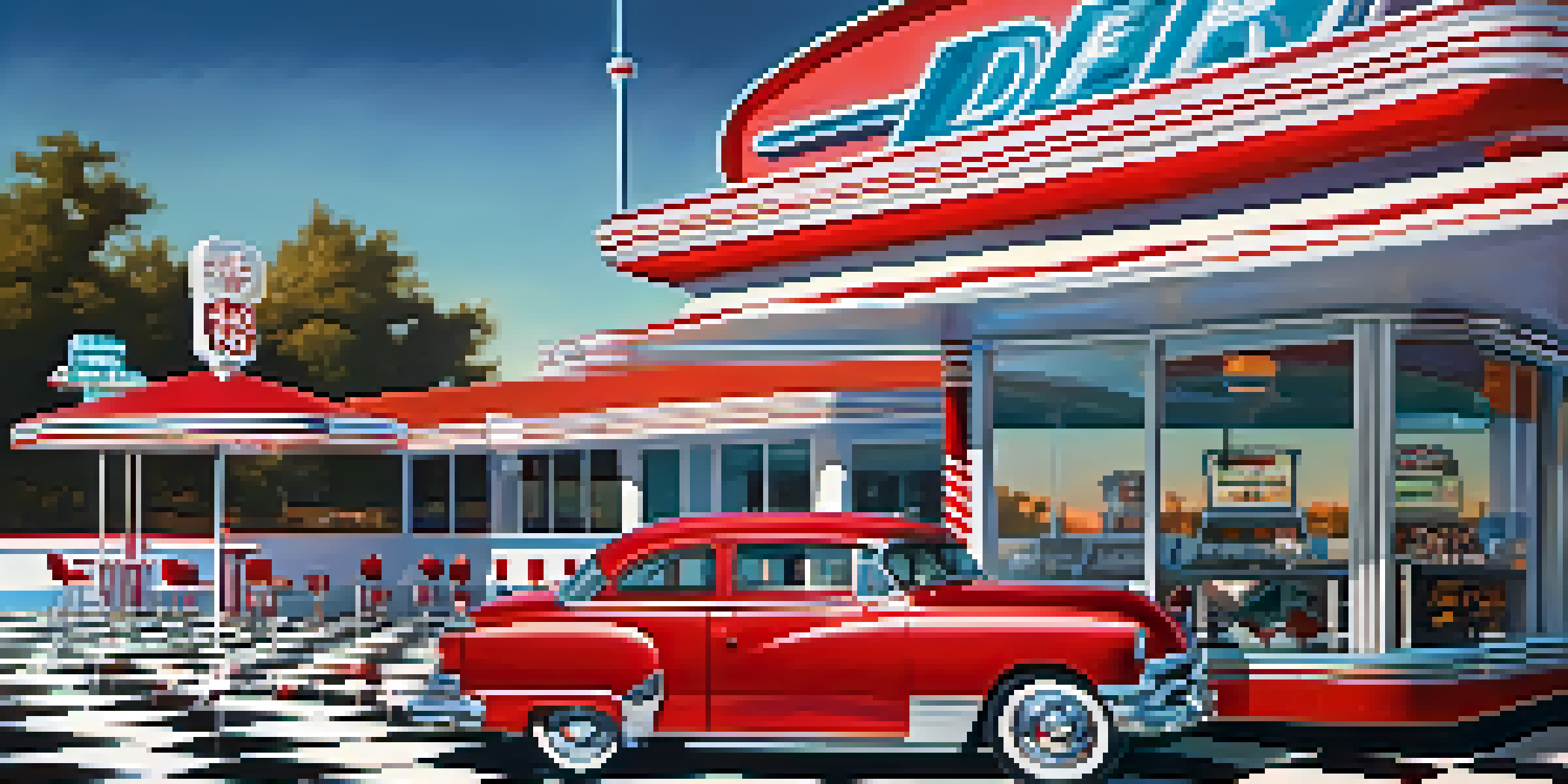 A nostalgic retro diner with neon lights, chrome details, and patrons enjoying breakfast in a cozy booth.