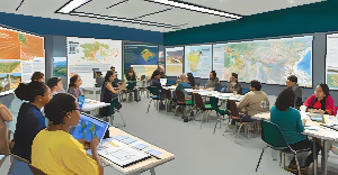 A community workshop on earthquake preparedness with diverse participants using technology and discussing emergency plans.