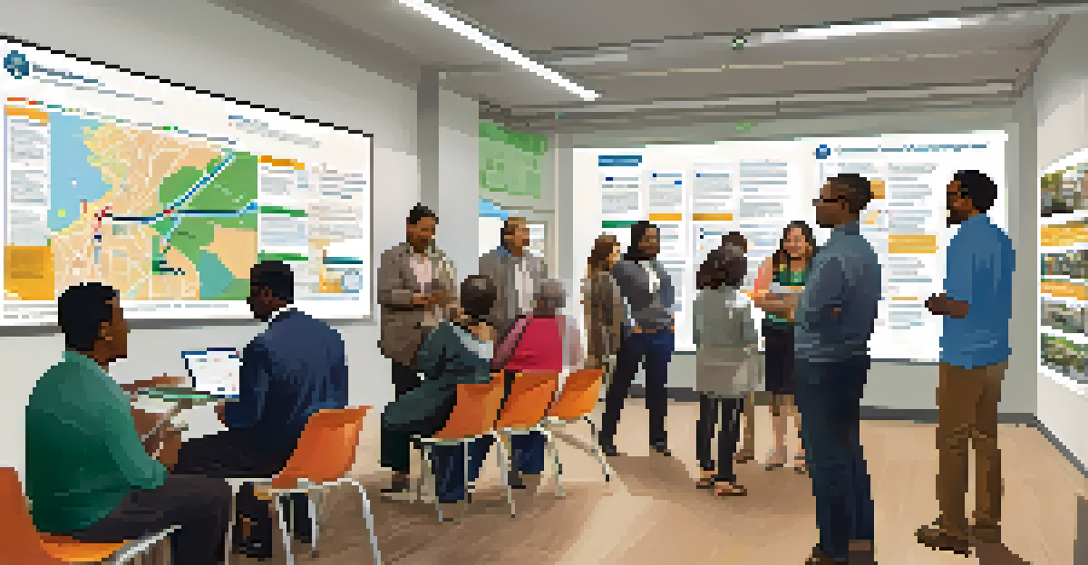 A workshop scene where transit agency representatives engage with community members discussing public transportation improvements, with charts and maps in a bright room.