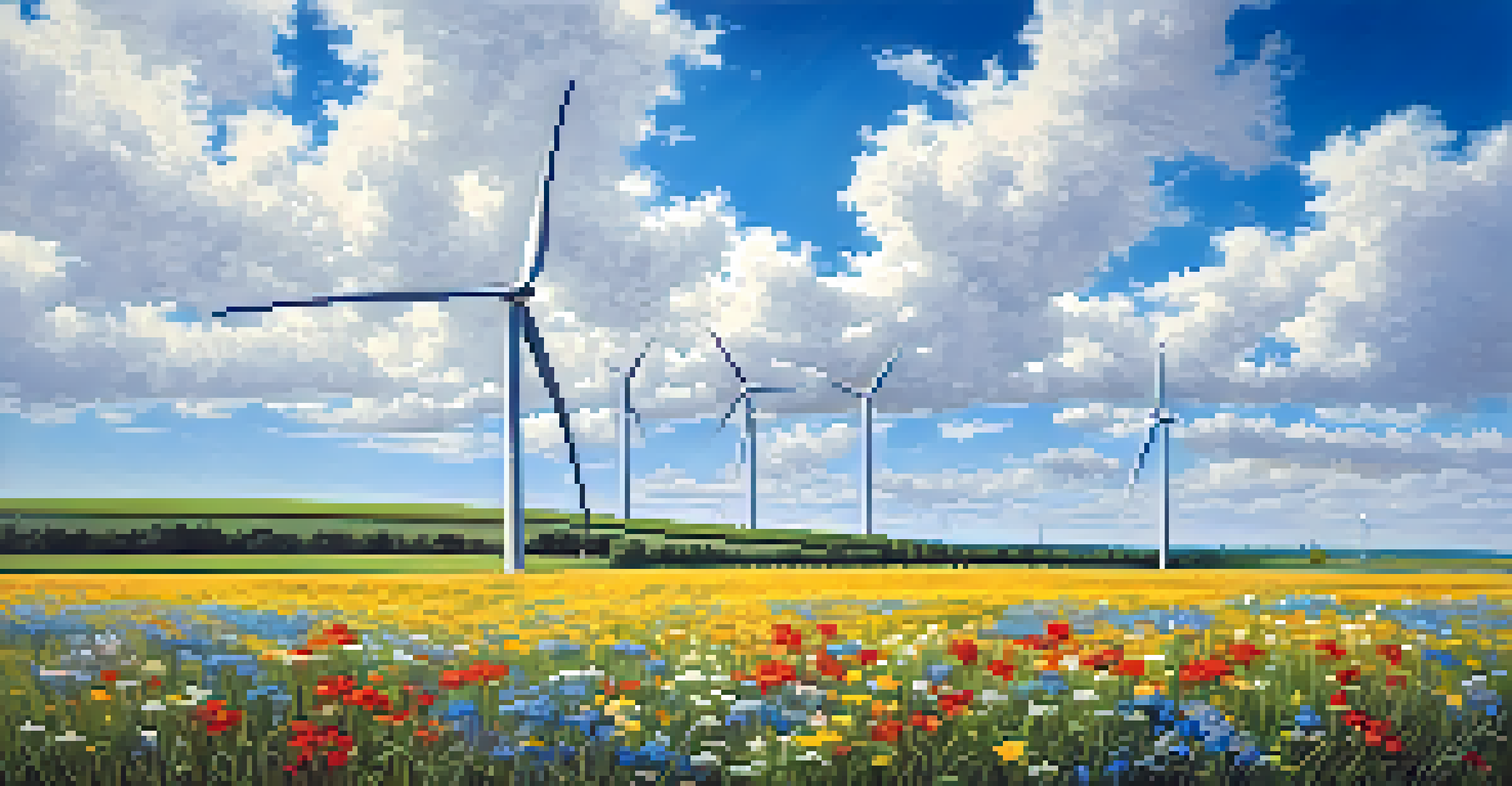 A close-up of a wind turbine with spinning blades and blooming wildflowers in the foreground.