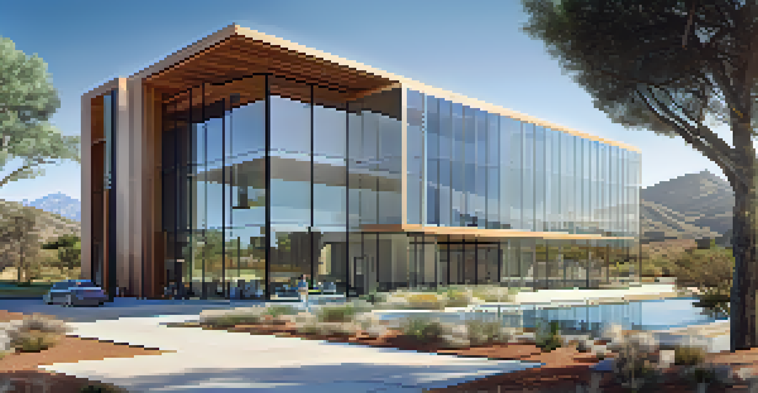 A modern energy-efficient building with large glass windows and shaded areas, set in California's diverse landscape under a clear blue sky.