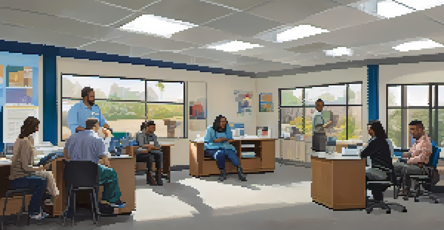 A warm office environment where community organization staff help individuals, showcasing supportive interactions and mental health resources.