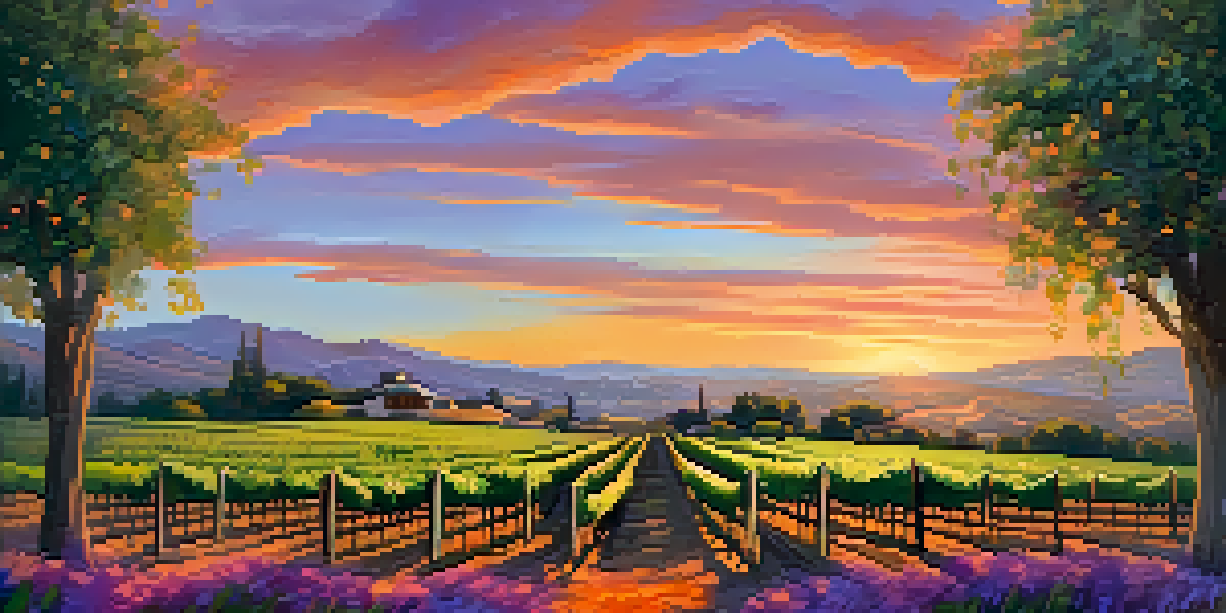 A scenic California vineyard at sunset with rows of grapevines and a welcoming sign.