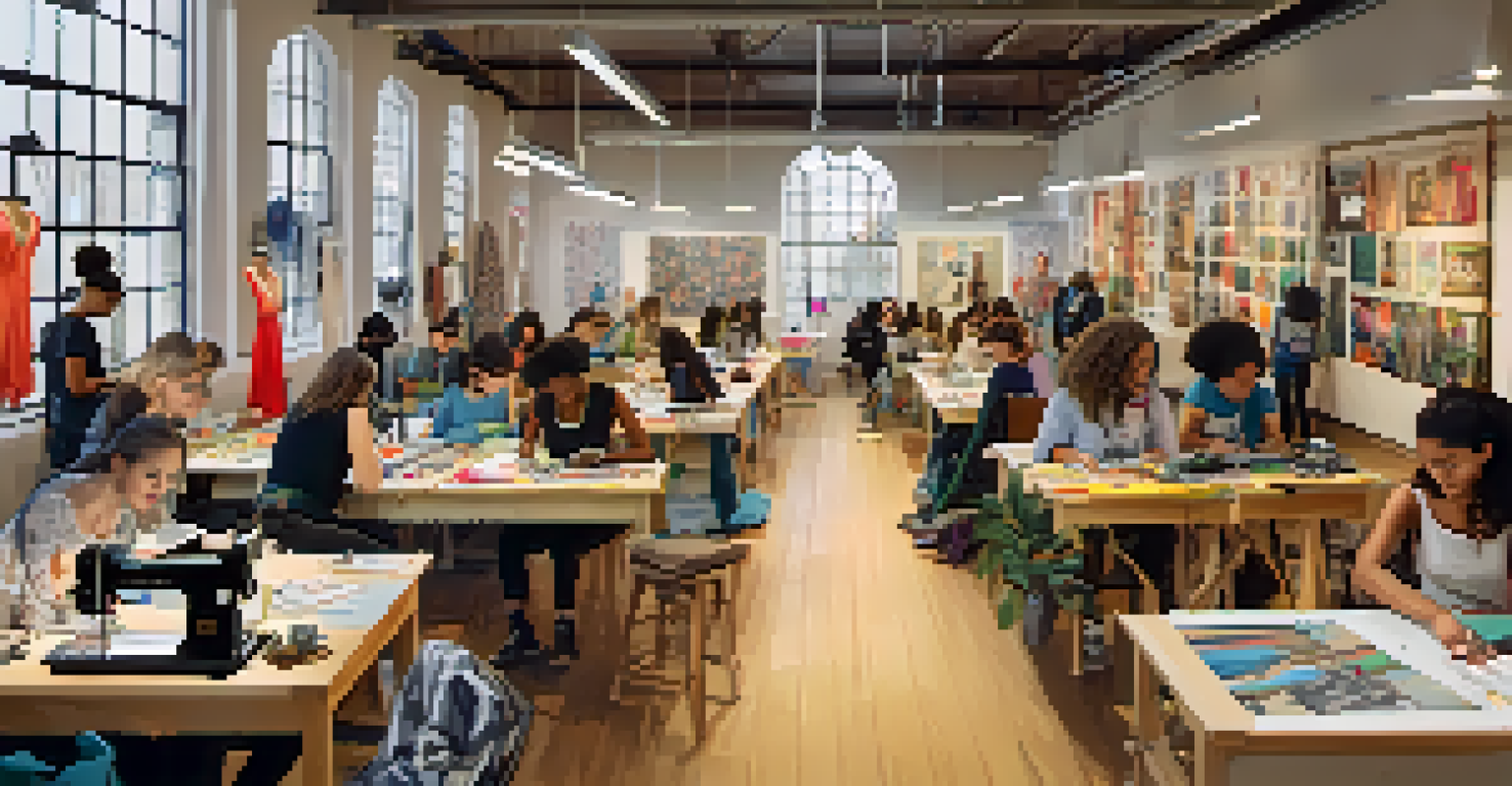 A group of young activists working on upcycled fashion projects in a creative workshop, surrounded by fabrics and sewing machines.