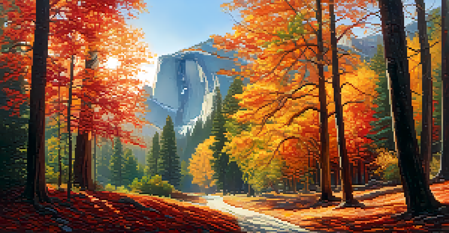 A forest in Yosemite during autumn, with colorful leaves and a winding path under a clear blue sky.