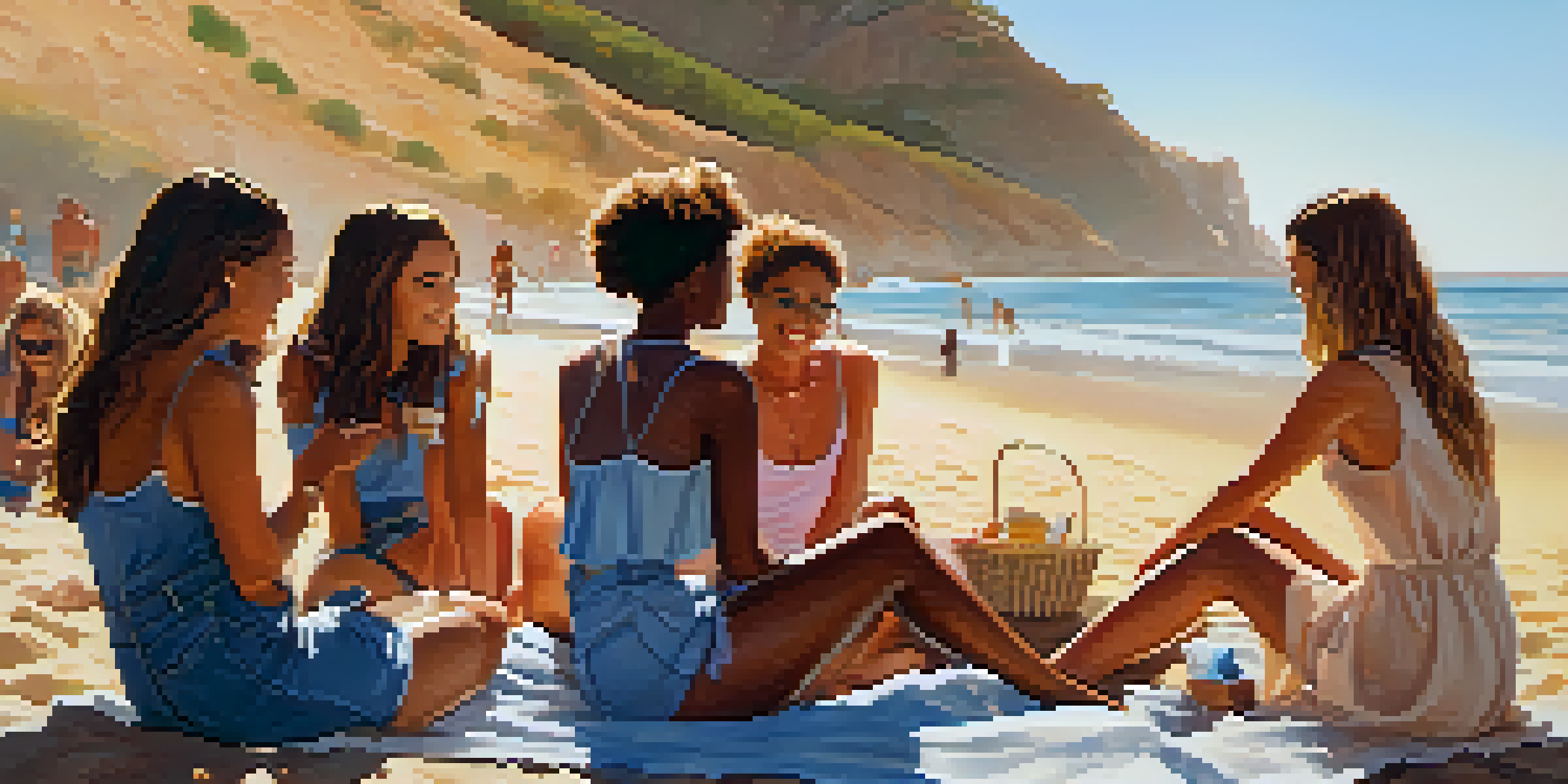 A group of friends dressed in casual beachwear enjoying a picnic on a sunny California beach during sunset.