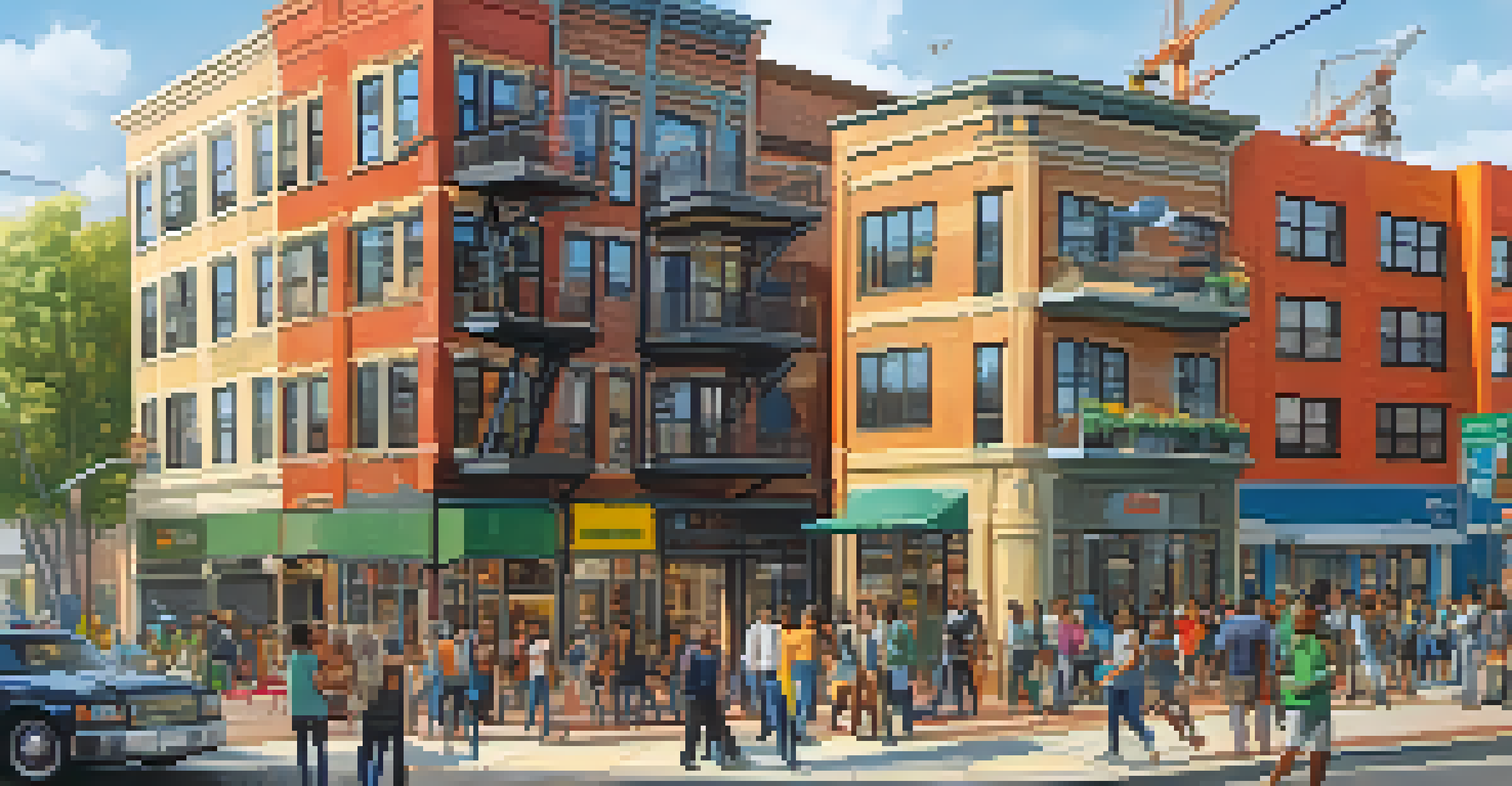 A vibrant street scene showing a neighborhood blending new luxury apartments and older homes, with residents and tech workers interacting in a coffee shop amidst ongoing urban development.