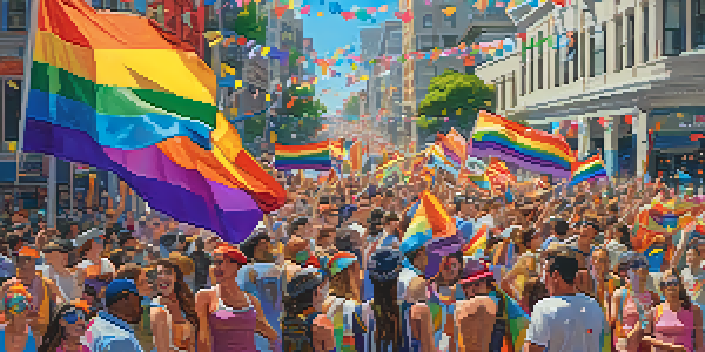A lively Pride parade featuring a diverse crowd celebrating LGBTQ+ pride with colorful banners and costumes.