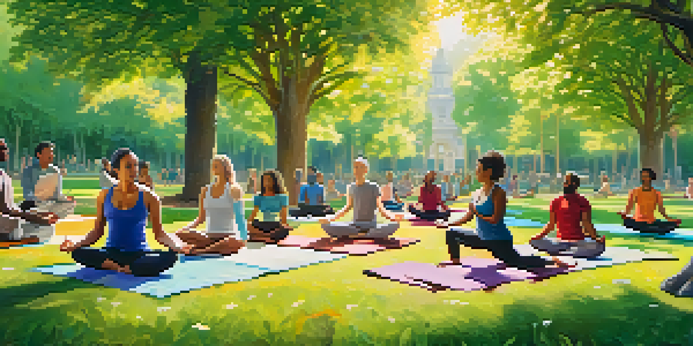 A peaceful park with diverse individuals practicing yoga, meditation, and group discussions among greenery and flowers under soft sunlight.