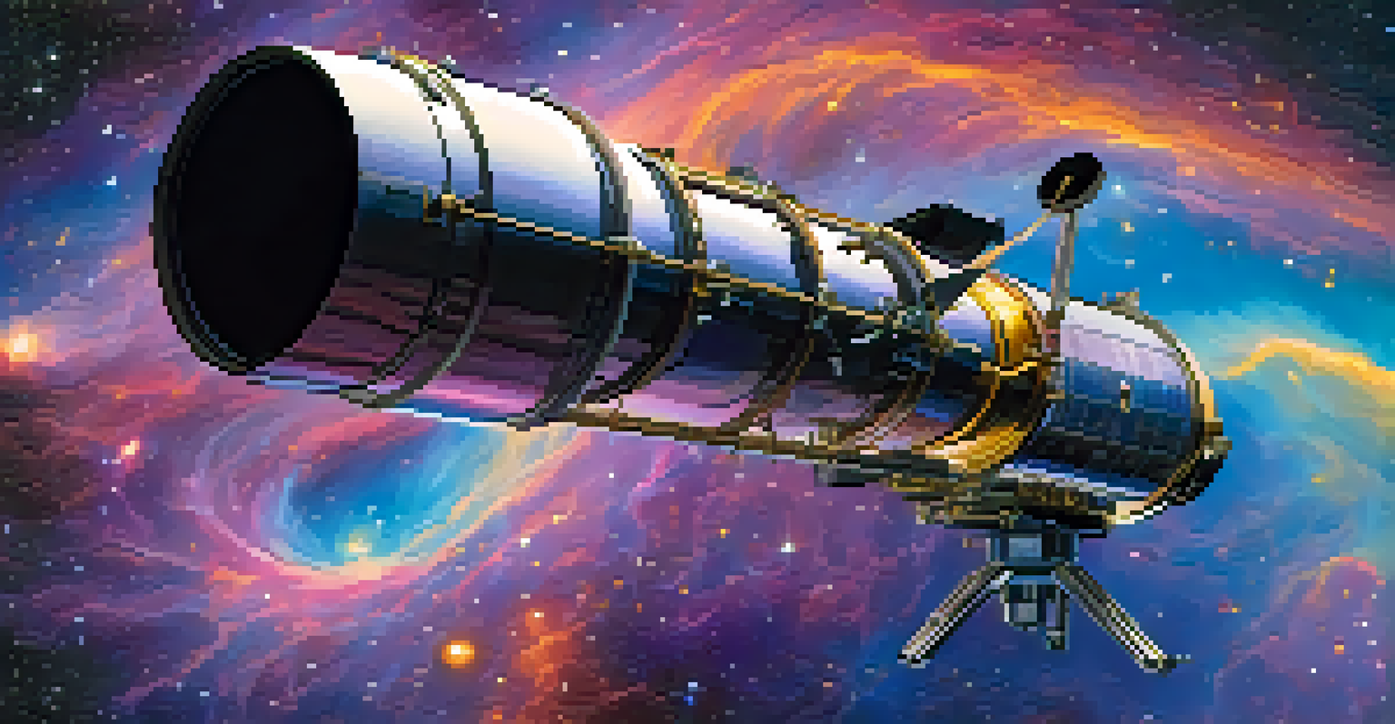 A close-up view of the Hubble Space Telescope in space, surrounded by colorful nebulae and galaxies.