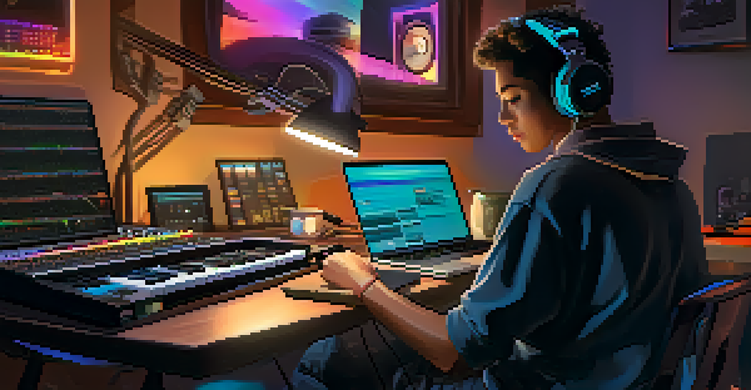 A student composing music on a laptop with instruments nearby, in a modern workspace illuminated by colorful LED lights.